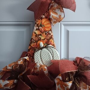 Charming & Cute Handcrafted Fall Wreath With Pumpkin & Leaf accents.